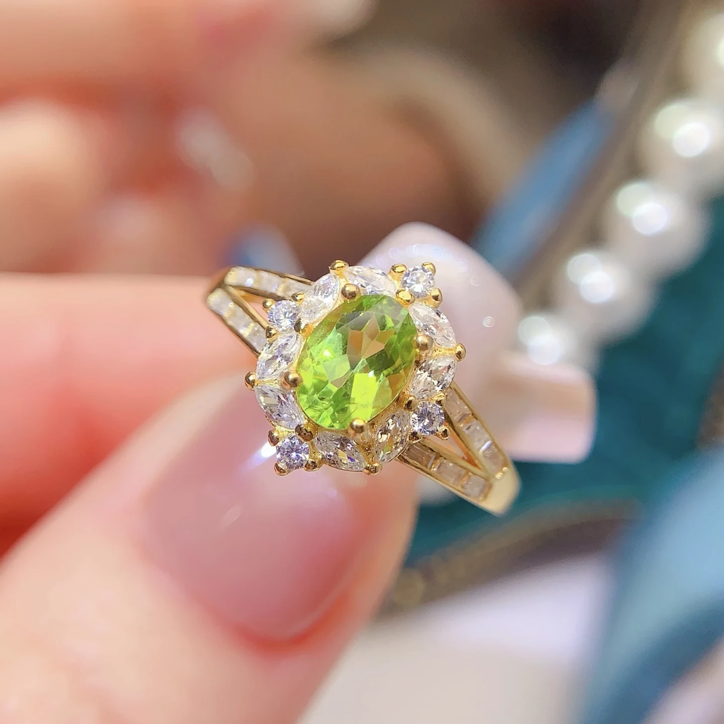 Natural Peridot Gold Halo Ring - view 1