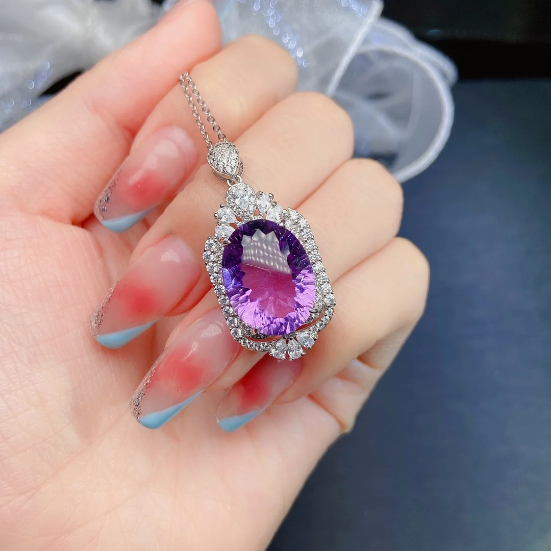 Natural Amethyst Oval Halo Pendant - view 3