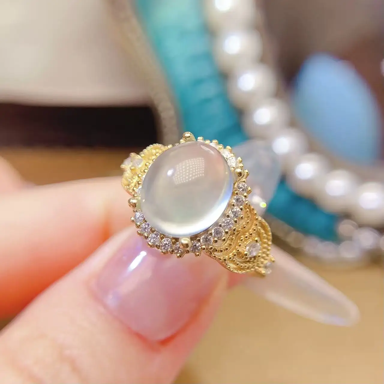 Natural Prehnite Gold Custom Ring - view 5