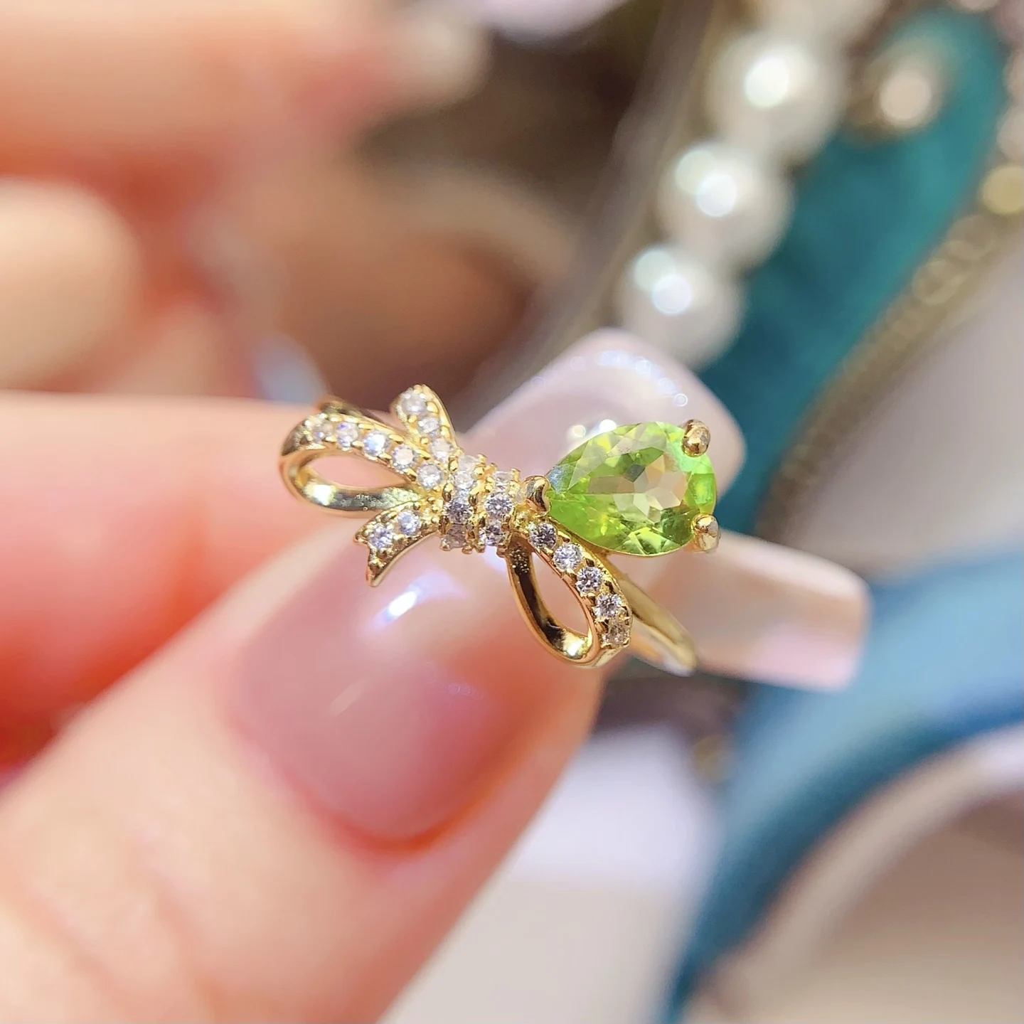 Natural Peridot Pear Bow Ring - view 2