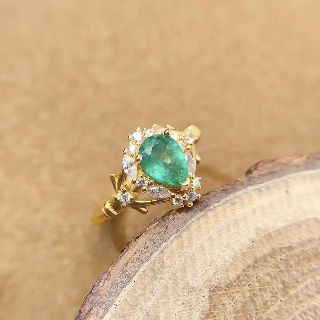 Natural Emerald Pear Halo Ring - view 3