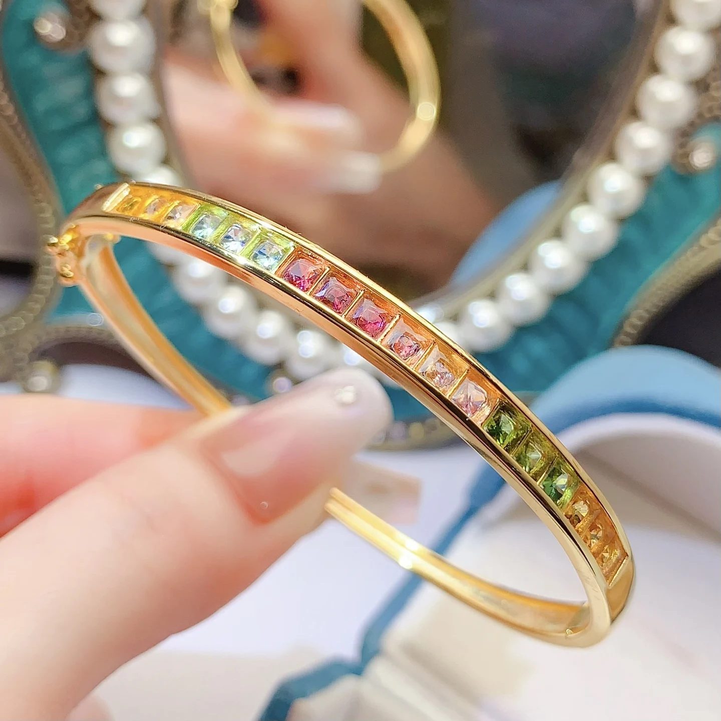 Natural Tourmaline Gold Plated Bangle - view 1