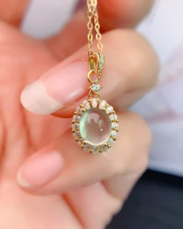 Natural Prehnite Oval Halo Pendant