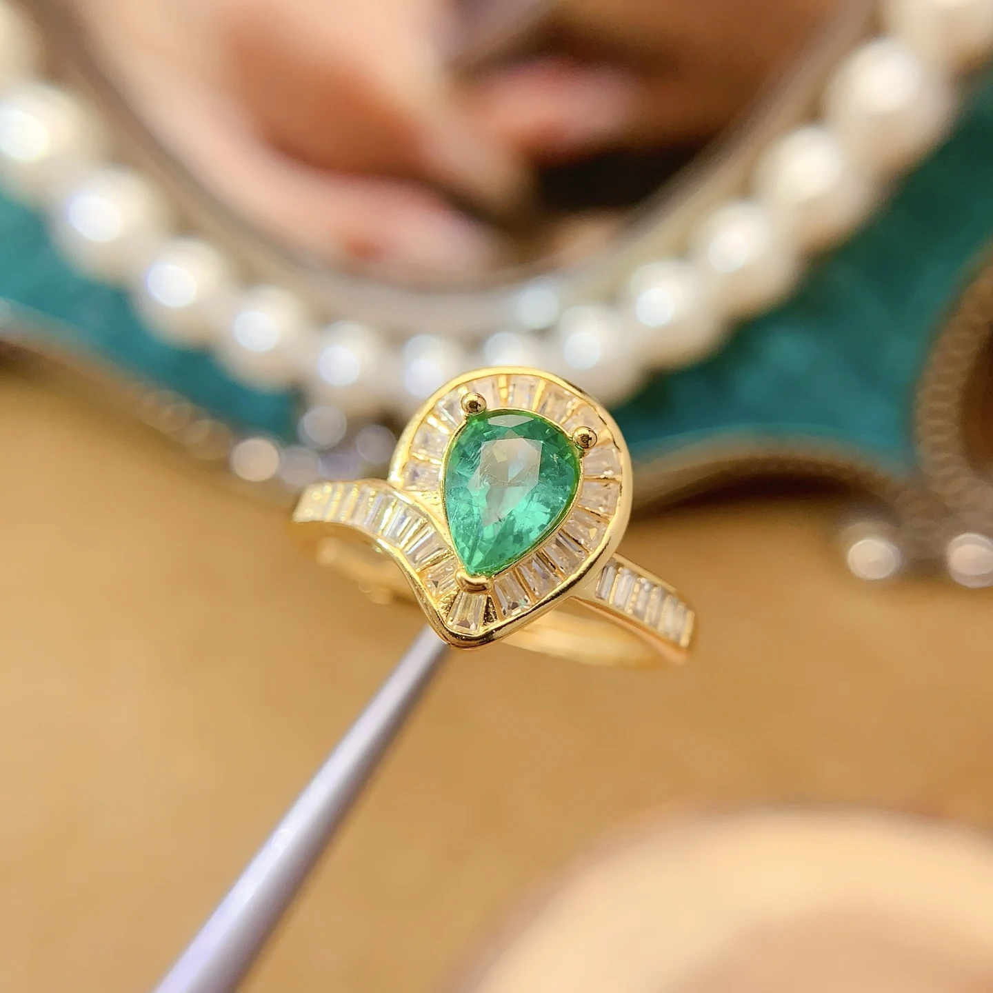 Natural Emerald Pear Baguette Ring - view 1
