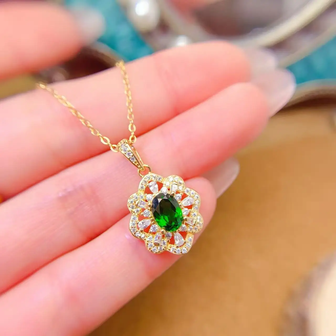 Natural Diopside Flower Pendant Necklace - view 3