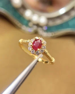 Natural Ruby Gold Halo Ring