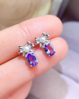 Natural Tanzanite Bow Pearl Earrings