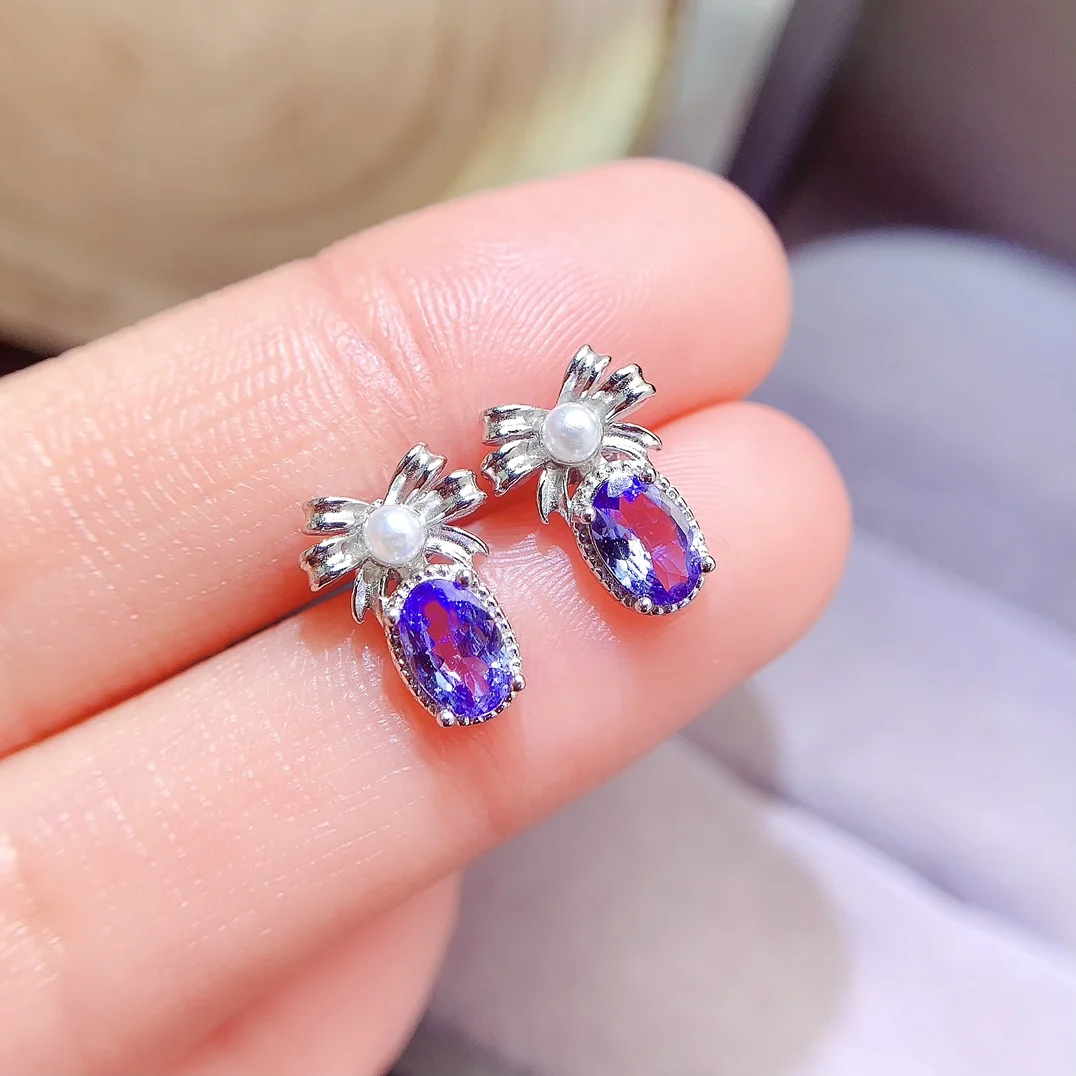 Natural Tanzanite Bow Pearl Earrings - view 1