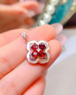 Natural Garnet Clover Pendant Necklace