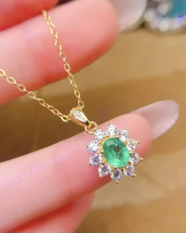 Natural Emerald Sunflower Pendant Necklace