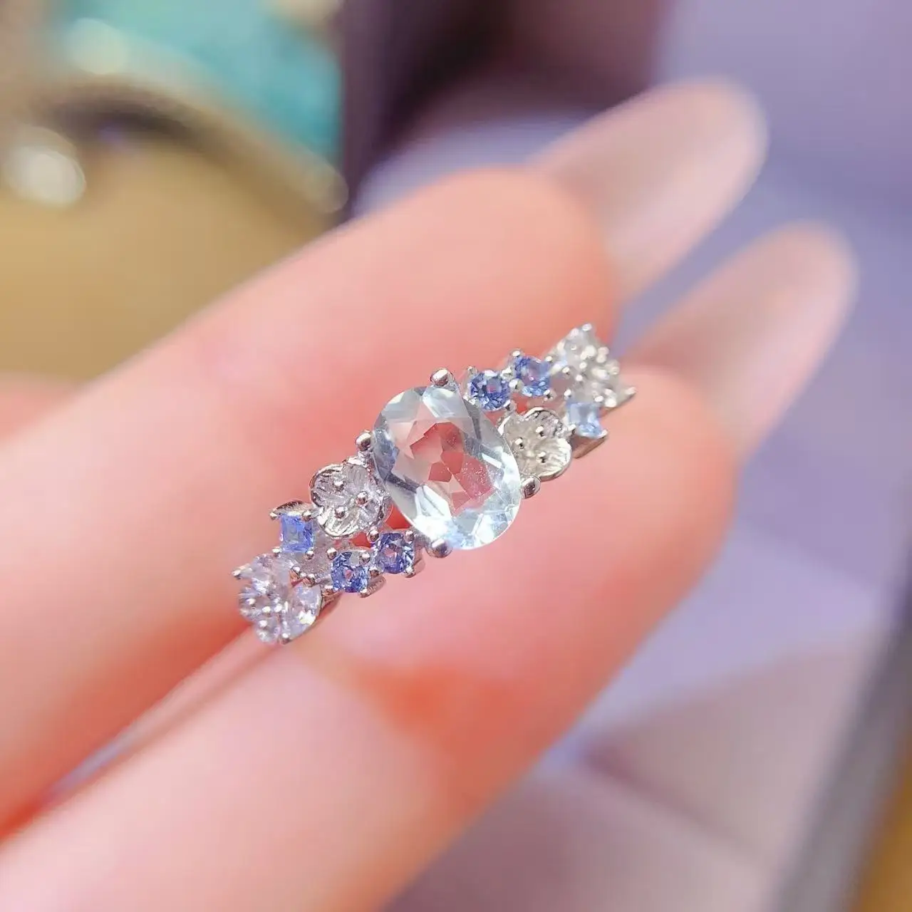 Natural Aquamarine Pear Minimal Ring - view 3