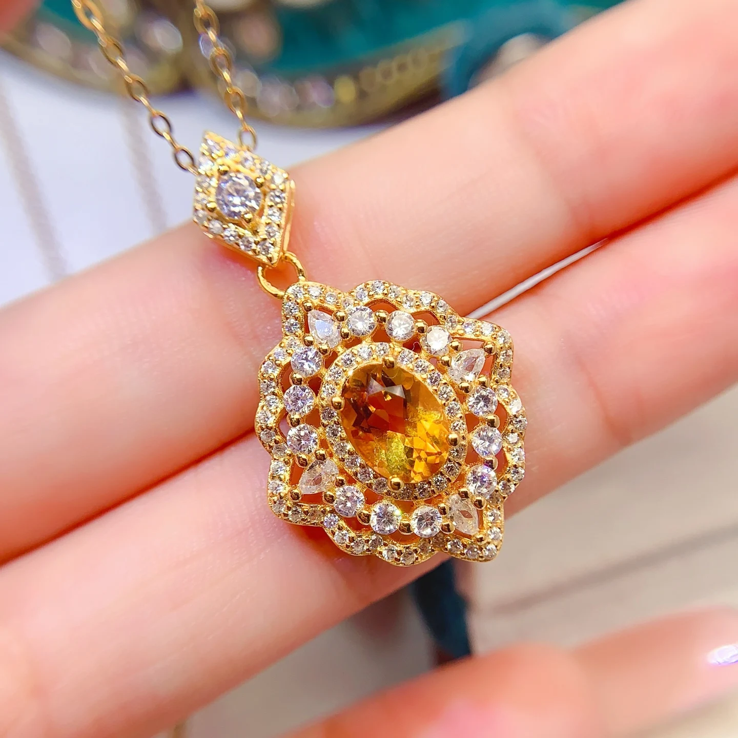 Natural Citrine Vintage Halo Pendant Necklace - view 1