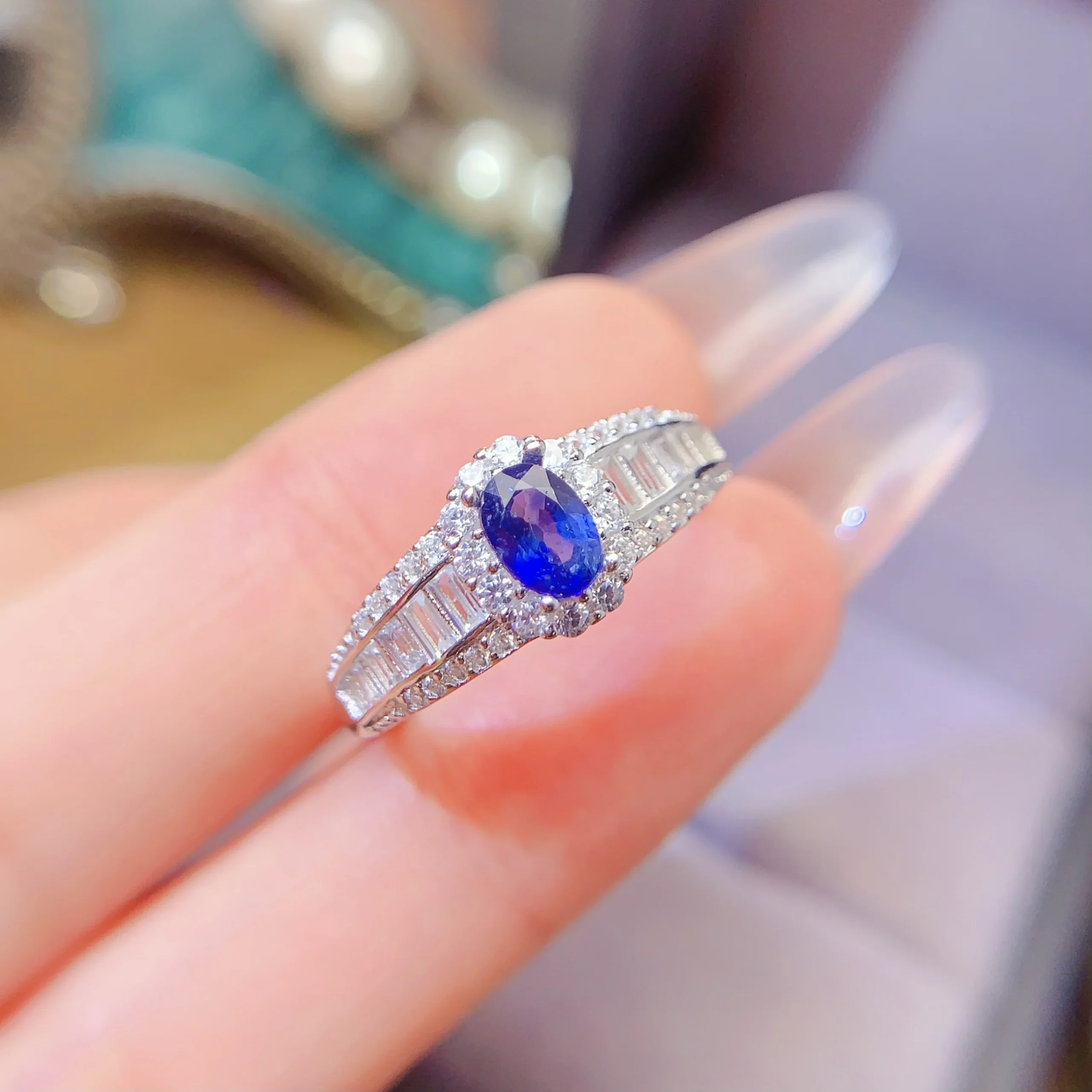 Natural Sapphire Baguette Halo Ring - view 5