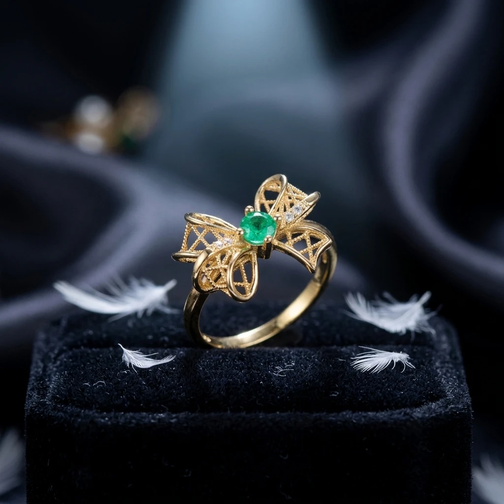Natural Emerald Gold Bow Ring - view 1