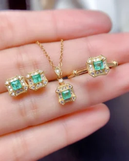 Natural Emerald Square Halo Set