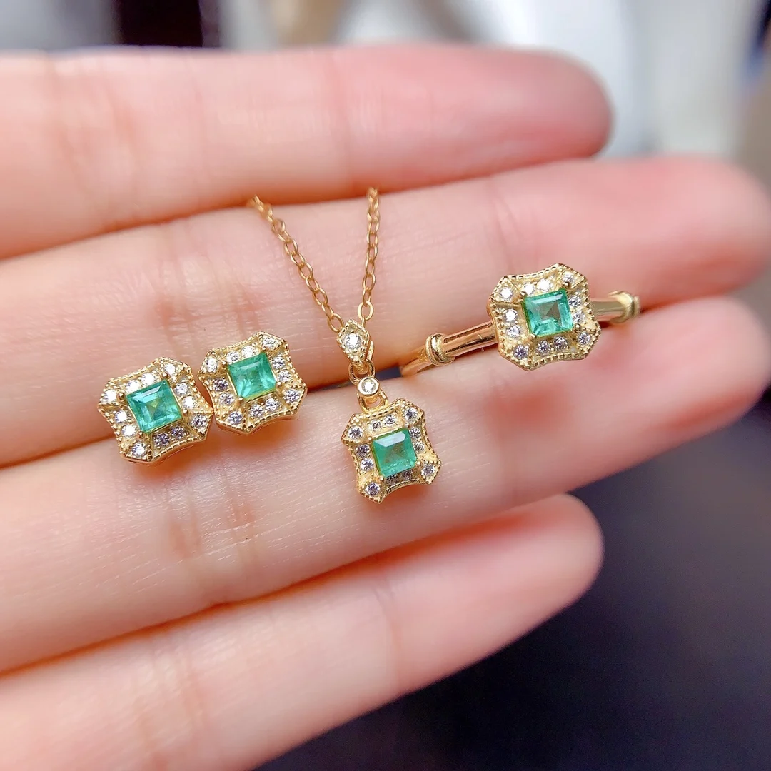 Natural Emerald Square Halo Set - view 2
