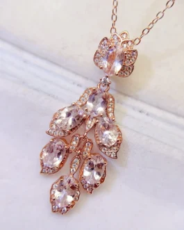 Natural Morganite Leaf Cluster Pendant Necklace