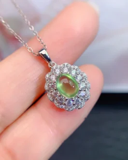 Natural Prehnite Cabochon Halo Pendant