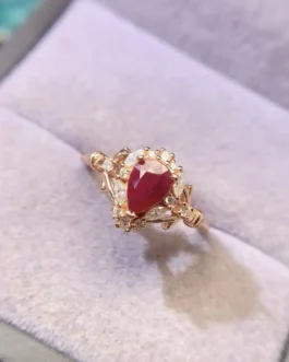Natural Ruby Pear Halo Ring
