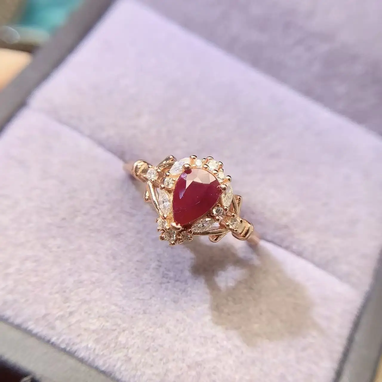 Natural Ruby Pear Halo Ring - view 1