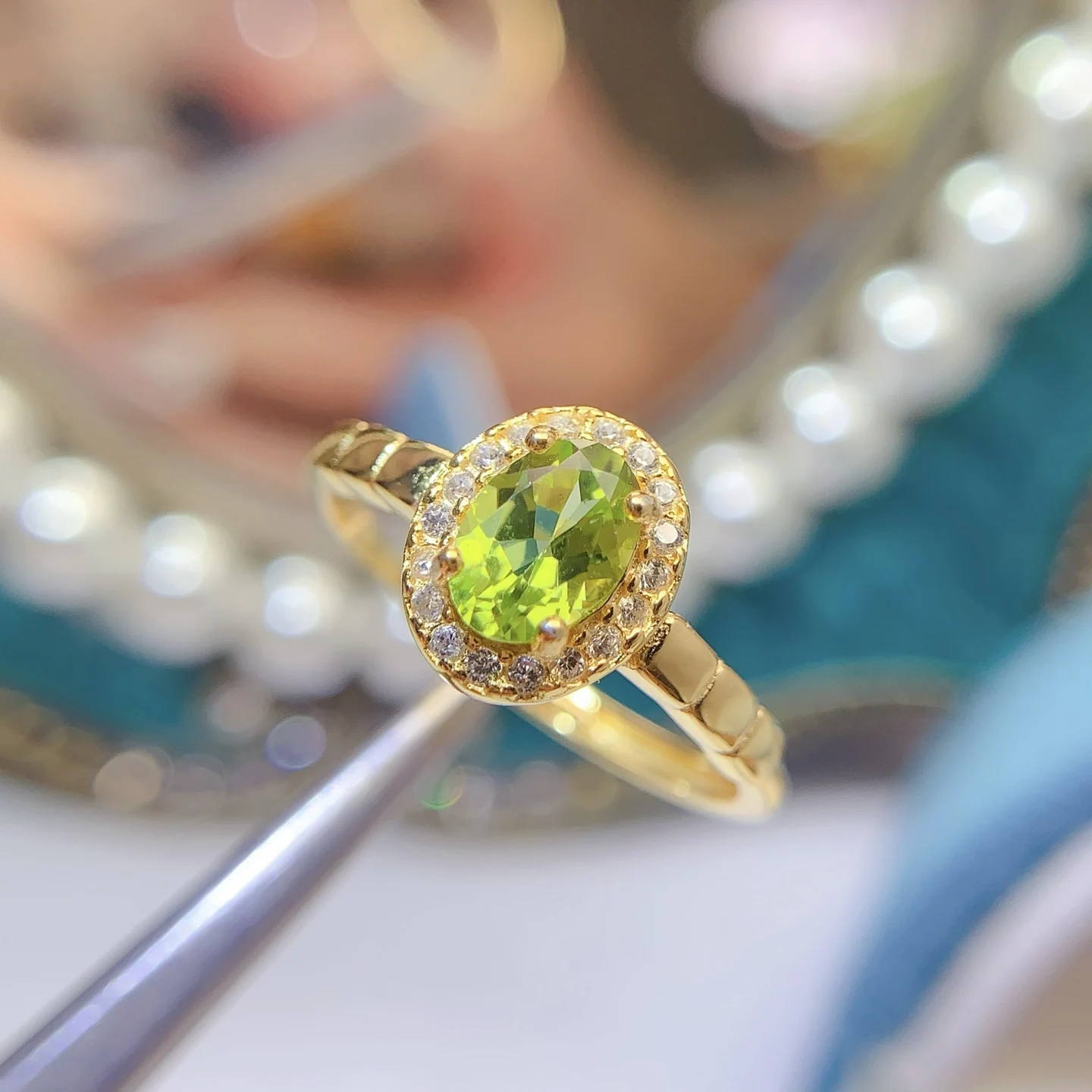 Natural Peridot Classic Halo Ring - view 1