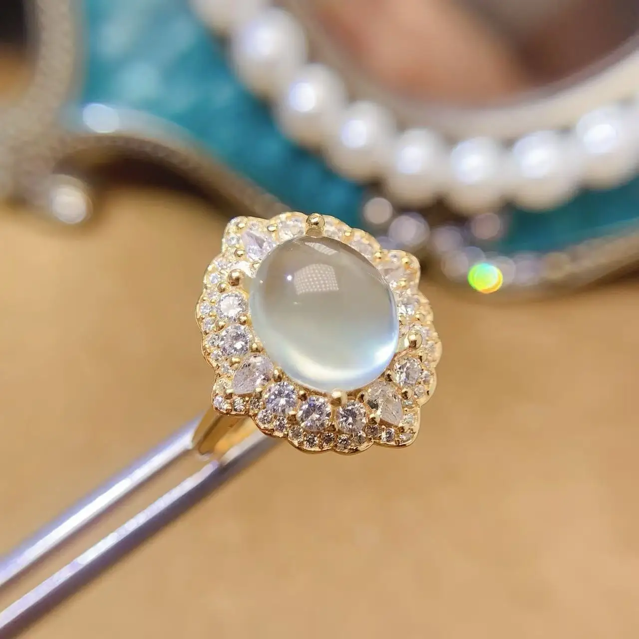 Natural Prehnite Bright Oval Ring - view 1