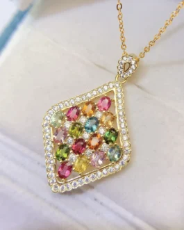 Natural Tourmaline Rhombus Pendant Necklace