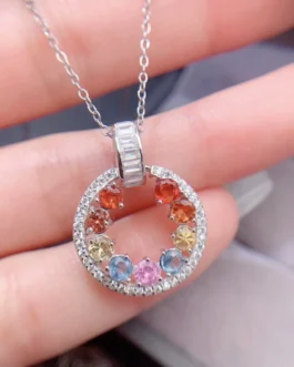 Natural Sapphire Circle Pendant Necklace