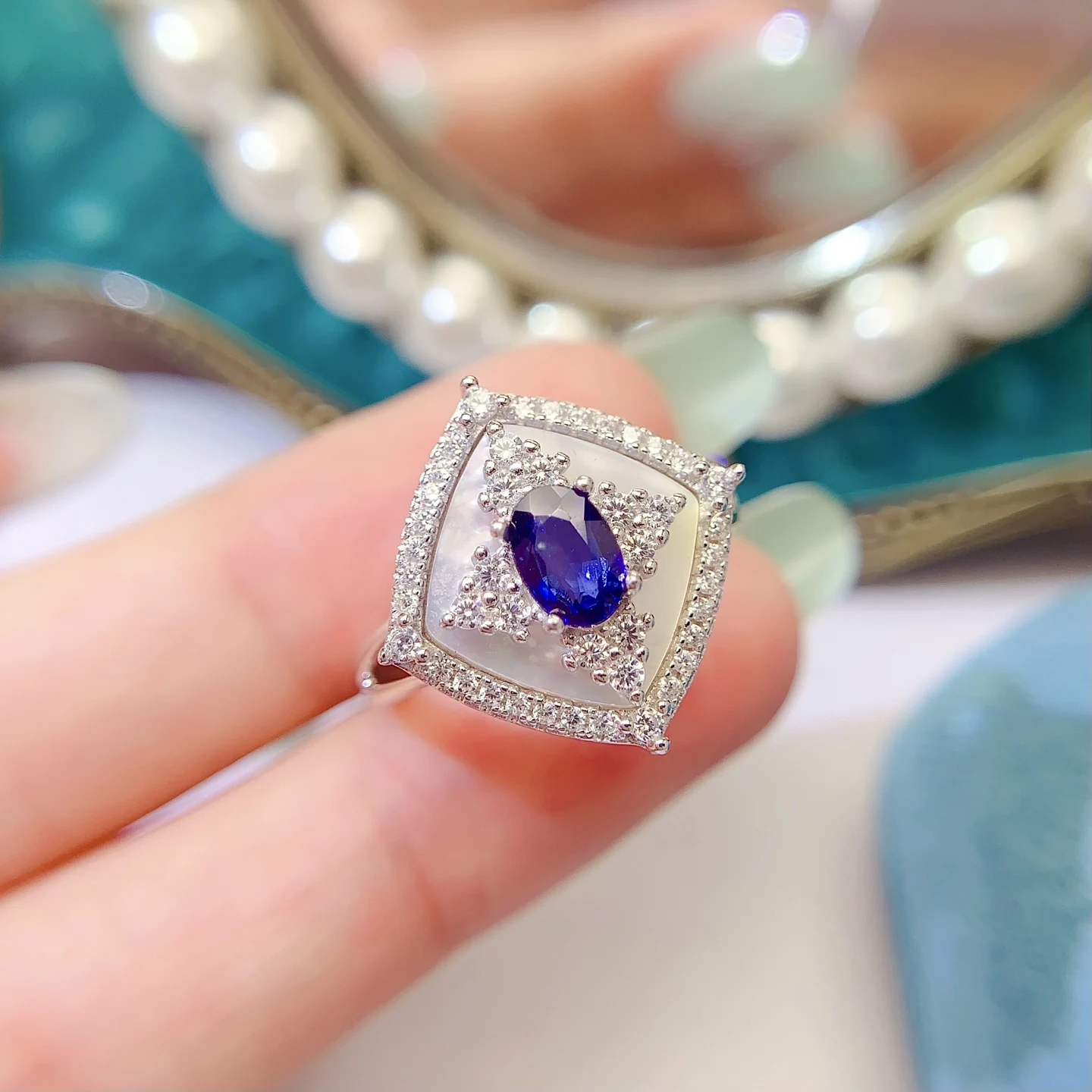 Natural Sapphire Square Halo Ring - view 1