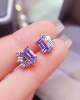 Natural Tanzanite Rectangle Stud Earrings