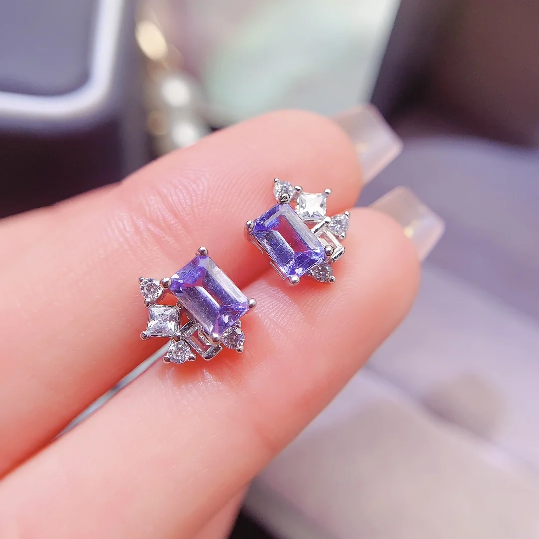 Natural Tanzanite Rectangle Stud Earrings - view 1