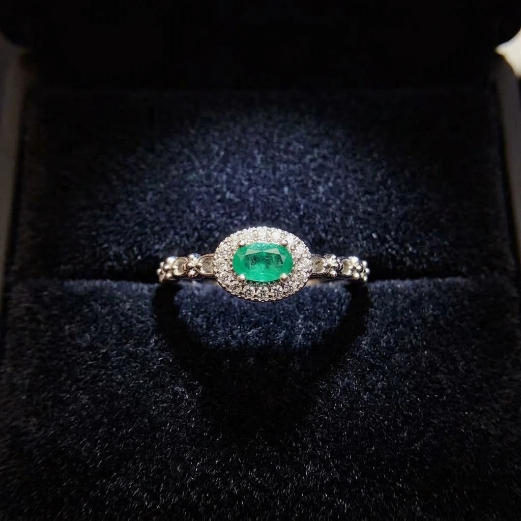 Natural Emerald Silver Halo Ring - view 1
