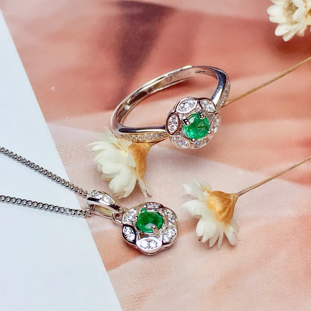 Natural Emerald Round Jewelry Set - view 4