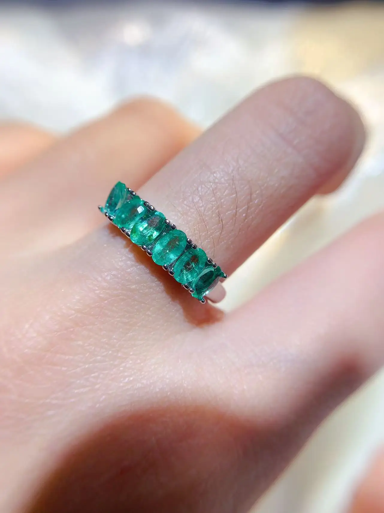 Natural Emerald Silver Row Ring - view 5