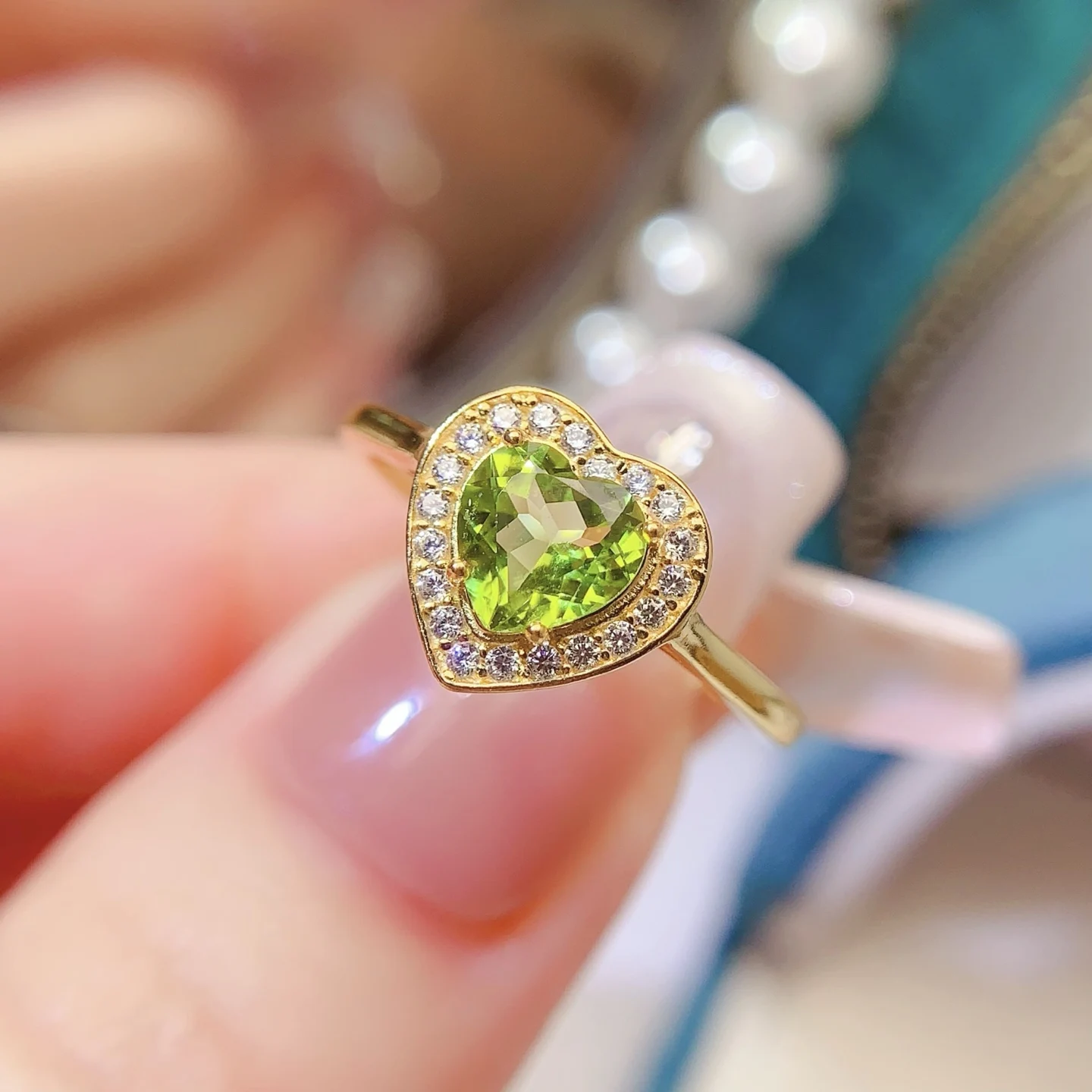 Natural Peridot Heart Halo Ring - view 1