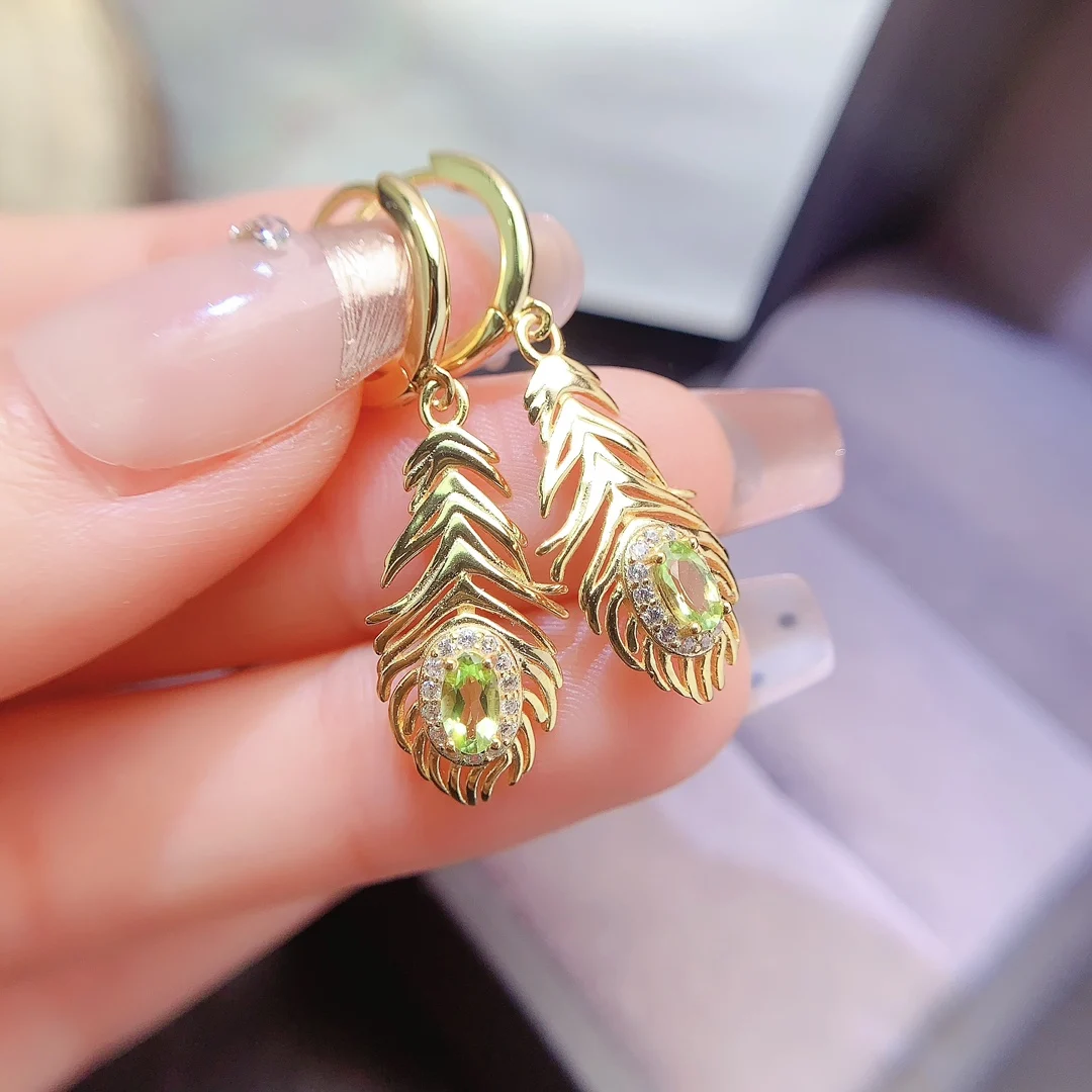 Natural Peridot Feather Earrings - view 1