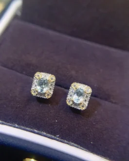 Natural Aquamarine Halo Stud Earrings