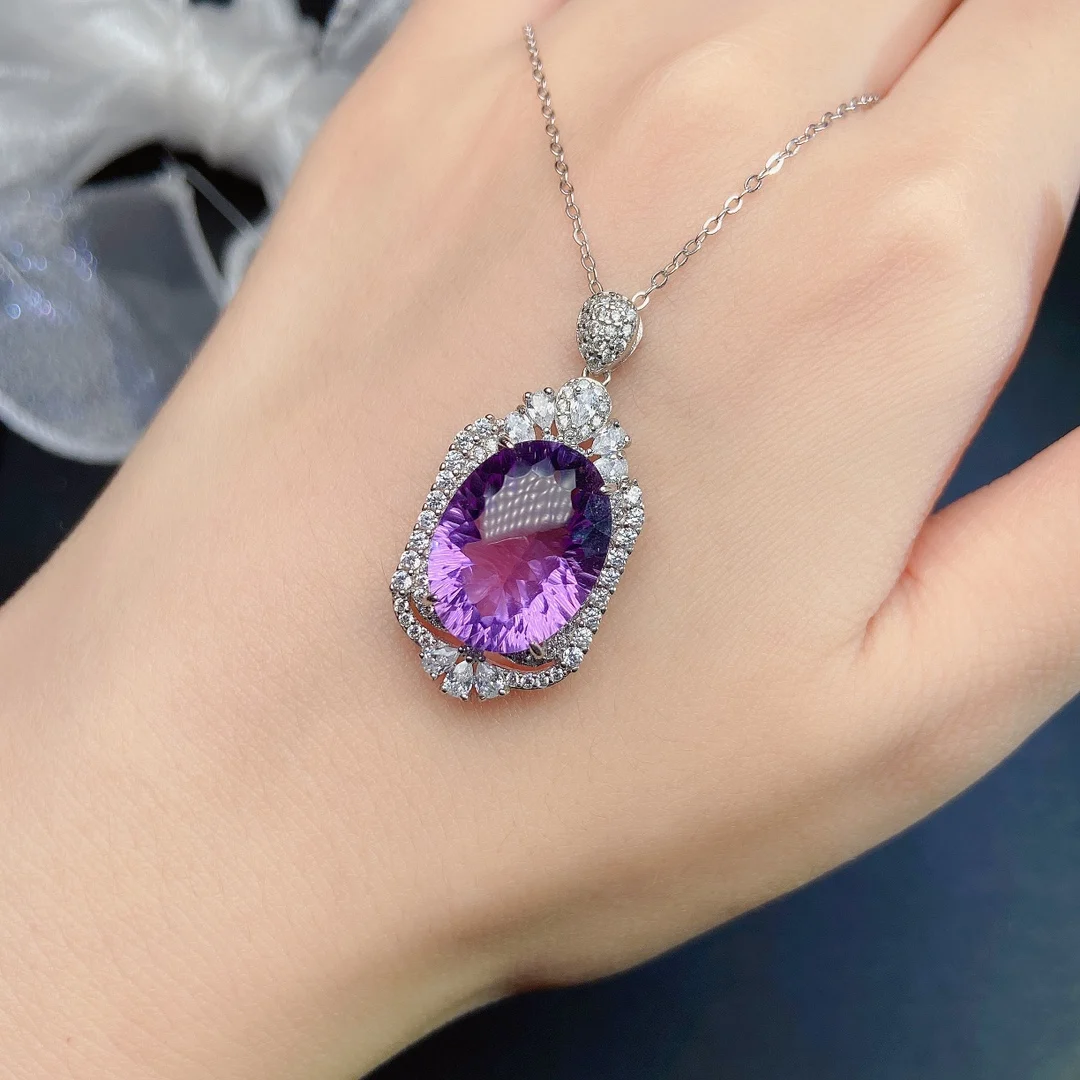 Natural Amethyst Oval Halo Pendant - view 1