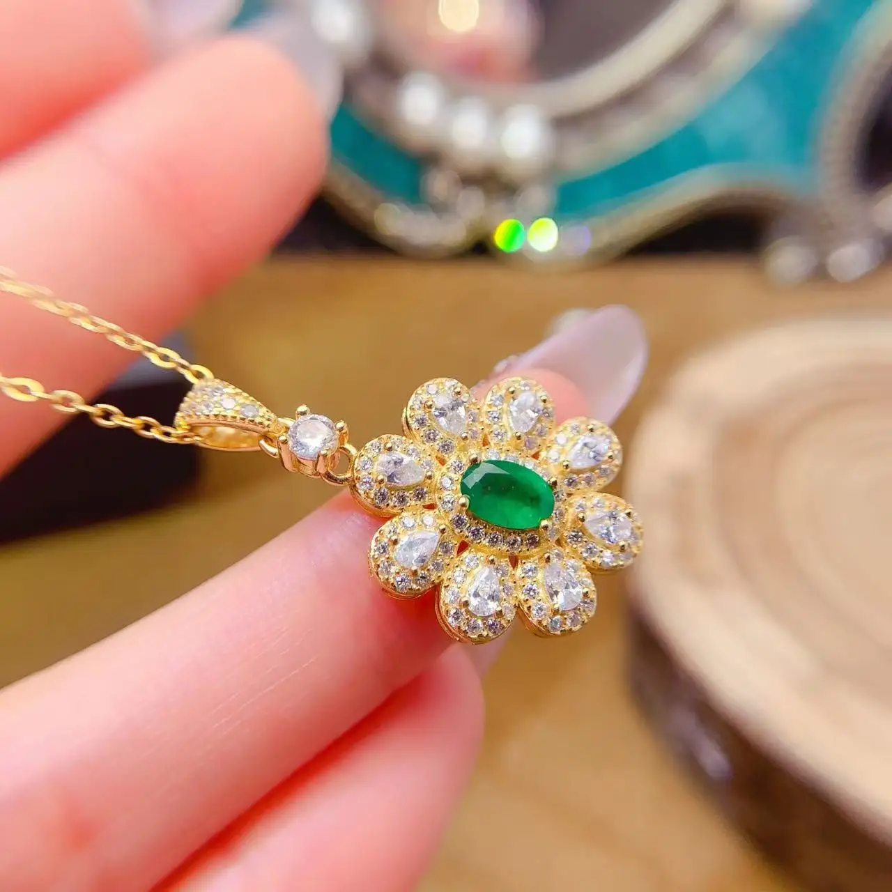 Natural Emerald Flower Pendant Necklace - view 1
