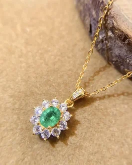 Natural Emerald Sunflower Pendant Necklace