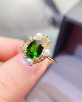 Natural Diopside Gold Halo Ring