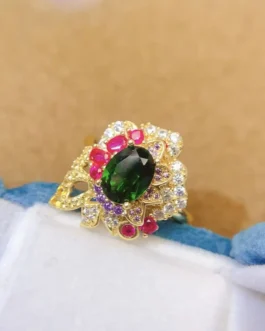 Natural Diopside Silver Oval Ring