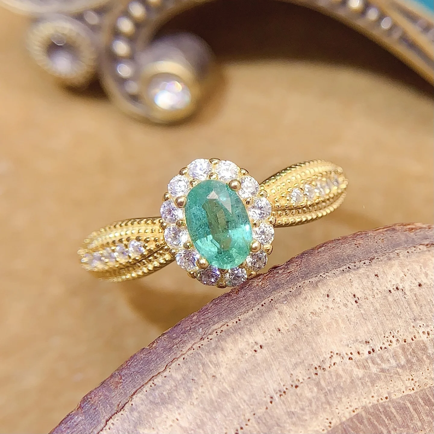 Natural Emerald Braided Halo Ring - view 1
