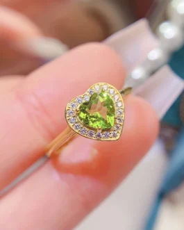 Natural Peridot Heart Halo Ring