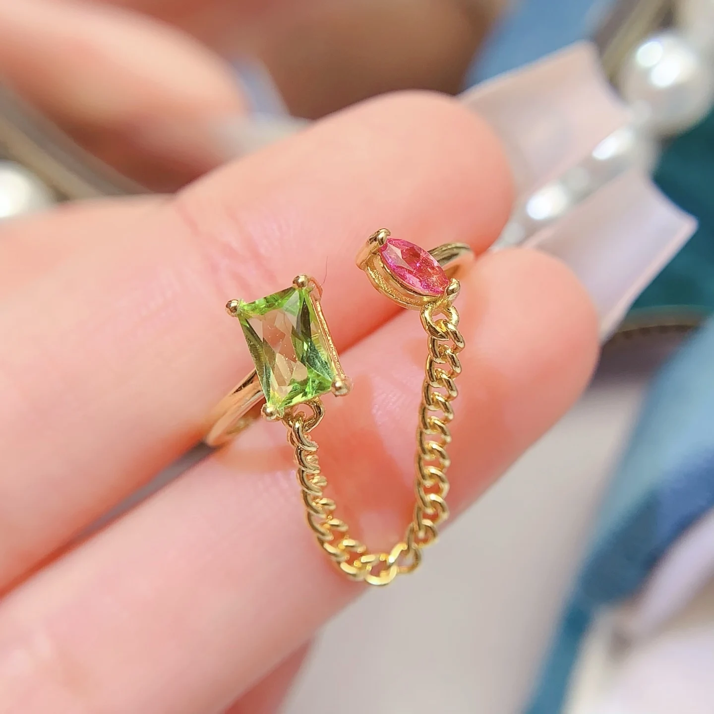 Natural Peridot Chain Bypass Ring - view 2