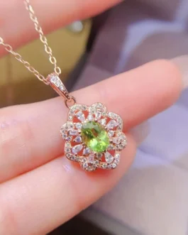 Natural Peridot Floral Halo Pendant Necklace
