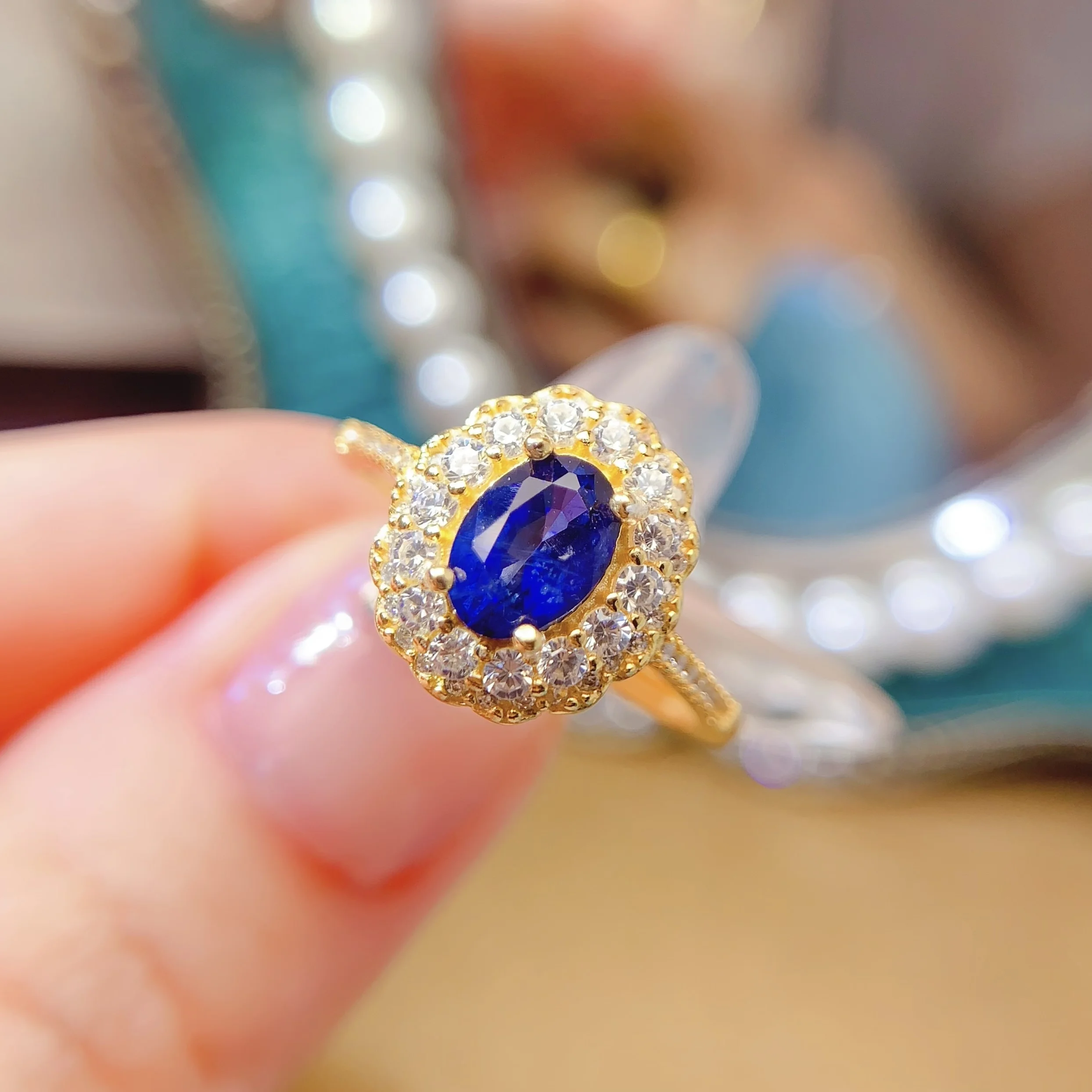 Natural Gemstone Oval Halo Ring - view 1