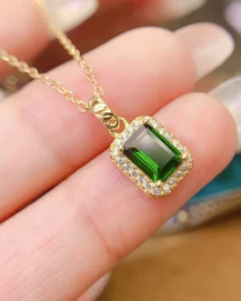 Natural Diopside Rectangle Pendant Necklace