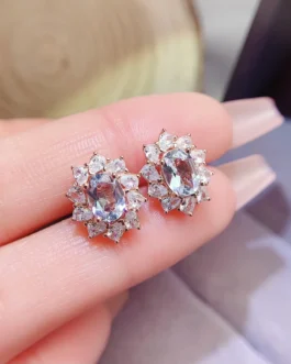 Natural Aquamarine Flower Stud Earrings