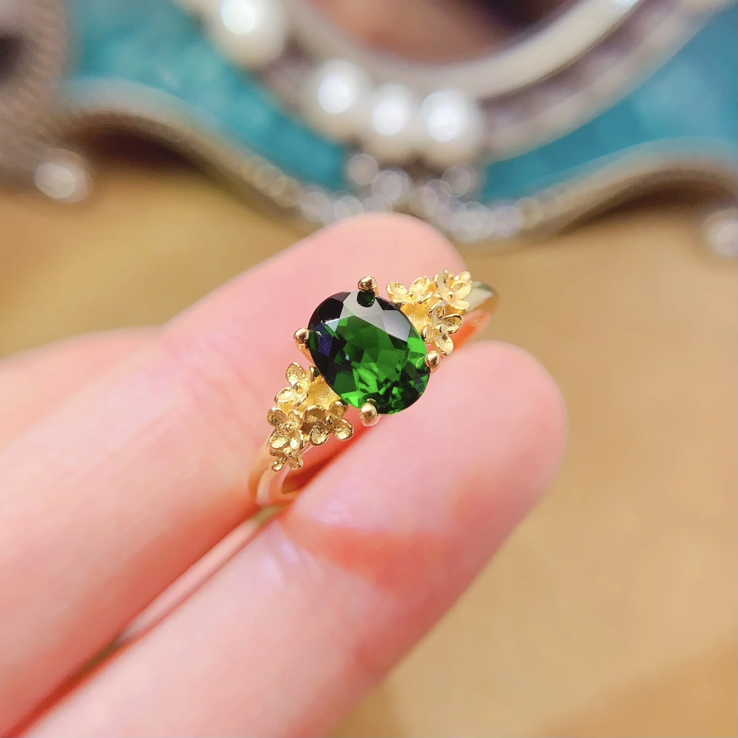 Natural Diopside Oval Halo Ring - view 7